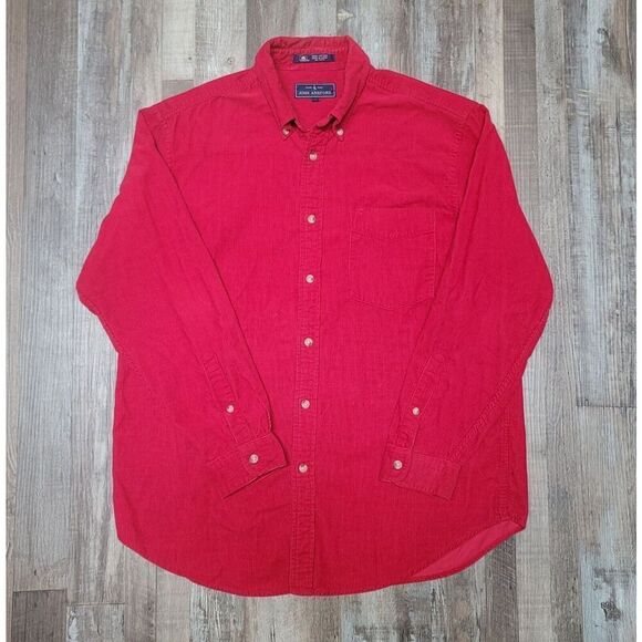 Vtg Corduroy Shirt Long Sleeve Button Up 80s 90s Cotton Red L Boxy Fit - Picture 1 of 6